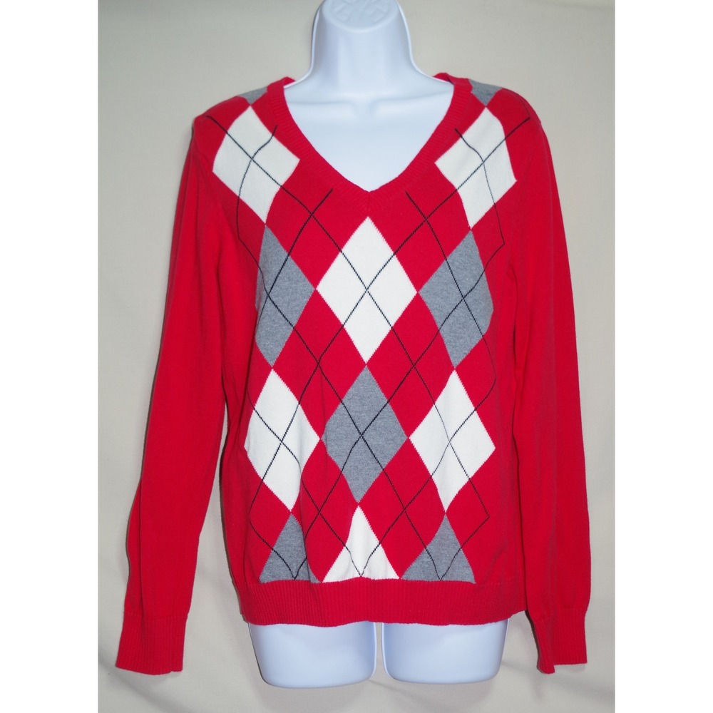 IZOD Red Argyle V-Neck Sweater Womens Large 100% Cotton Long Sleeve Pullover